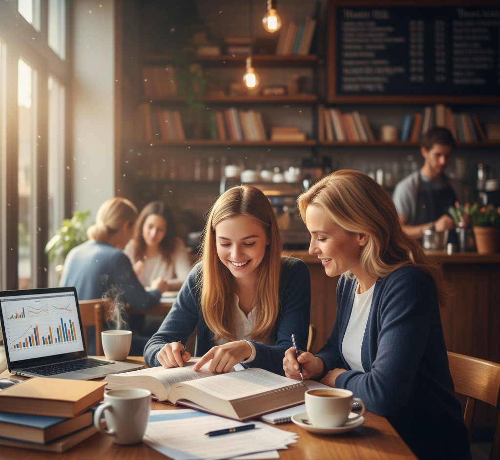 Tutoring Session at a coffee shop woman tutoring girl